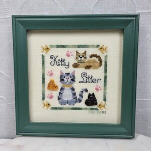 Kitty Sitter Framed Cross Stitch 2003 Cat Lover Nursery Wall Art Handmade